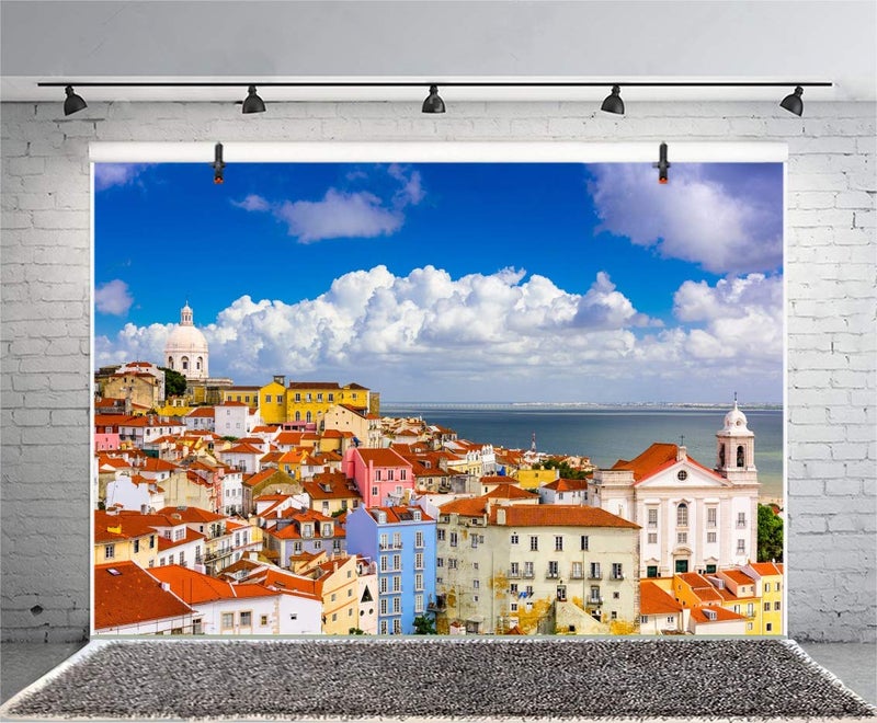AOFOTO 7x5ft European Seashore Small Town Colorful Houses Backdrop Portugal Lisbon Cityscape Landscape Blue Sky Skyline Background for Photography Lovers Adults Travel Portrait Photo Studio Props - Image 2